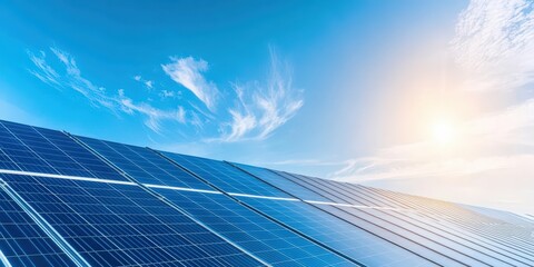 A stunning view of solar panels reflecting sunlight under a clear blue sky, symbolizing renewable energy and sustainability.