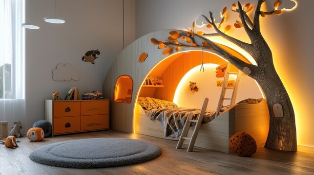 A cozy and playful boy is bedroom designed in a cartoon style, with a jungle theme featuring wall art of trees, animals, and vines. The bed is styled like a treehouse, 