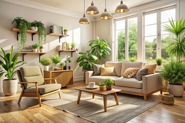 Cozy living room features a neutral-colored sofa, armchair, and potted plants thoughtfully placed to create a