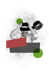 Vertical photo collage of scream kidnapped man taped eyes scotch roll robbery innocent victim stress isolated on painted background