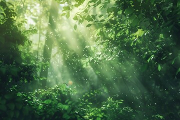 Obraz premium A lush, green forest with sunlight filtering through the canopy, the trees and undergrowth creating a softly blurred background for a spring-themed wallpaper