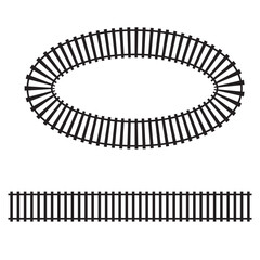 Railroad segments. Rail road elements top aerial view. Traintrack straight line and oval frame isolated on white background. Fence or stairs texture. Vector graphic illustration