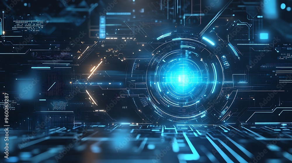 Poster abstract digital interface with glowing blue circles and lines