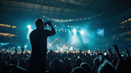 Vocalist in front of crowd on scene in stadium. Bright stage lighting, crowded dance floor. Phone lights at concert. Band blue silhouette crowd. People with cell phone lights