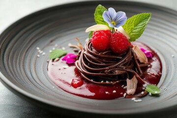 Elegant dining, chocolate fettuccine, raspberry sauce, mint, edible flowers, unusual, sophisticated