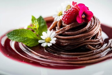 Elegant dining, chocolate fettuccine, raspberry sauce, mint, edible flowers, unusual, sophisticated