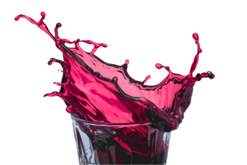 Vibrant and energetic splash of a red liquid similar to red berry jam, syrup, juice or punch, syrup cocktail strawberry juicy splashing, cut out isolated png with transparent or white background.