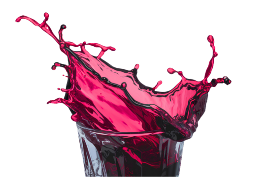 Vibrant and energetic splash of a red liquid similar to red berry jam, syrup, juice or punch, syrup cocktail strawberry juicy splashing, cut out isolated png with transparent or white background.