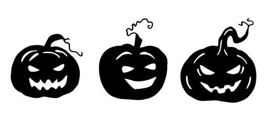 Set of pumpkins with faces. Black outline silhouette for Halloween. Hand drawn isolated graphic clipart. Linear silhouette with vegetable for spooky decor and invitation design. Simple Doodle style