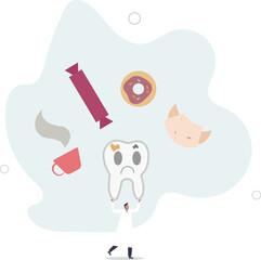 Desserts around sick tooth.dentist warns of health hazards.flat design with people.