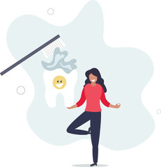 funny tooth with toothbrush, paste, floss, sad molar with cavity or dental tool.flat design with people.