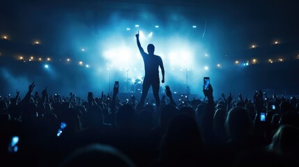 Vocalist in front of crowd on scene in stadium. Bright stage lighting, crowded dance floor. Phone lights at concert. Band blue silhouette crowd. People with cell phone lights