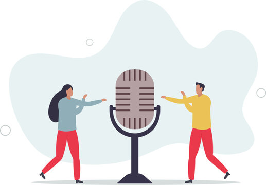 Podcast in episodic series of digital audio records broadcast or streaming via internet for easy listeners, professional podcasters .flat design with people.