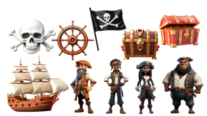PNG 3D pirate element set, transparent background