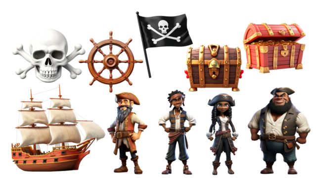 PNG 3D pirate element set, transparent background - Powered by Adobe