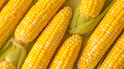 A top view of multiple fresh corn on the cob, showcasing their vibrant yellow kernels and green husks. Perfect for themes related to summer, grilling, and farm-fresh produce.