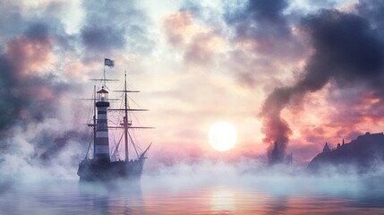 Haunted lighthouse guiding a ghostly pirate ship