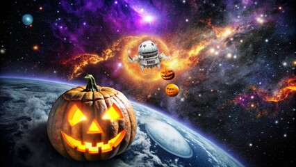 Halloween in Space background for advertising Holiday Pumpkin ghost witch candy mask black cat skeleton vampire zombie bat costume spider web cemetery full moon haunted house horror spell darkness blo