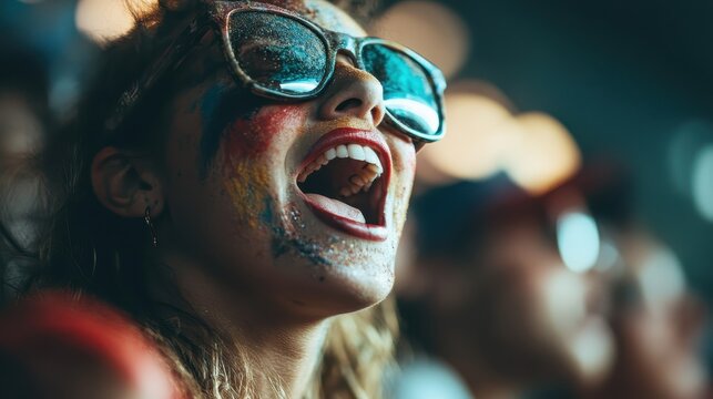 A scene of a woman wearing glasses, looking intensely focused at something while surrounded by an engaged audience suggesting an event or performance.