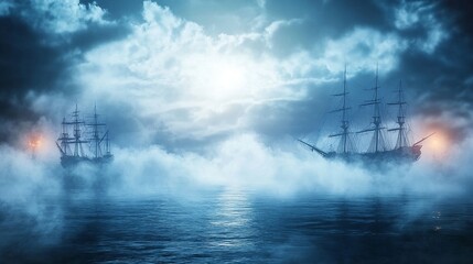Haunted pirate bay eerie mist and ghostly figures