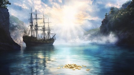 Obraz premium Haunted pirate bay skeletons guarding cursed gold