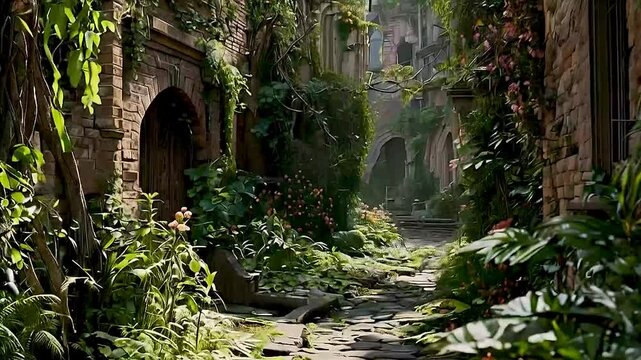 a path in a forest , with  a doorway  and  a wall  covered in vines