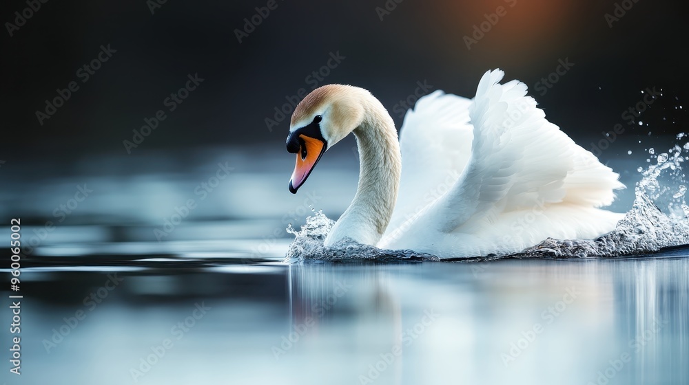 Poster an elegant swan generating a delicate splash on water as it glides gracefully, captured in a serene 