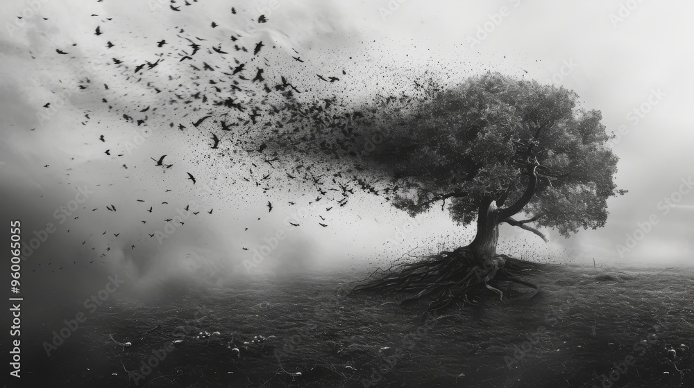 Poster a striking black and white image of a tree with its leaves transforming into birds that disperse int