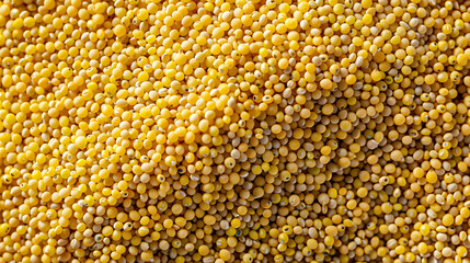 A close-up shot of raw millet grains, showcasing their small round shape and golden-yellow color. Ideal for themes related to gluten-free diets, healthy eating, and ancient grains.