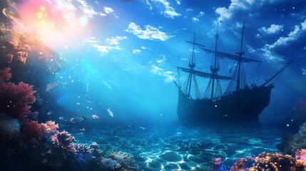 Fototapeta premium Haunted pirate shipwreck glowing undersea