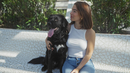 Young hispanic woman sitting on an urban park bench with her beautiful black labrador dog on a sunny outdoor day.