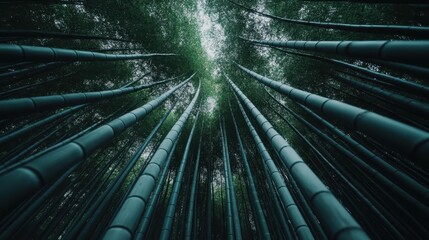 A captivating perspective looking up at tall bamboo trees in a dense forest, showcasing the majestic and towering presence of bamboo, which embodies growth and nature's grandeur.