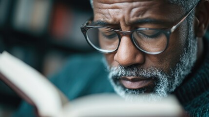 A serious-looking man focused on reading a book, wearing glasses, with a backdrop of blurred bookshelves which highlights his concentration and wisdom.