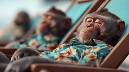 A group of monkeys dressed in colorful Hawaiian shirts, lounging on beach chairs, embodying the spirit of relaxation, tropical vacations, and carefree enjoyment.