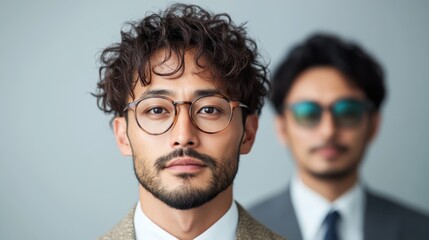 A professionally dressed man with round glasses stands calmly with a blurred figure in the background, portraying a sense of seriousness and focus in a modern setting.