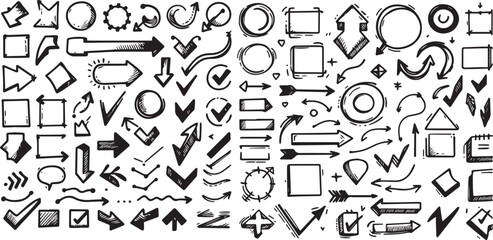Sketch line frames, pointers. Doodle arrow, circle, oval and square shape frame, check mark elements. Freehand black marker, pen underline and navigation symbols. Vector