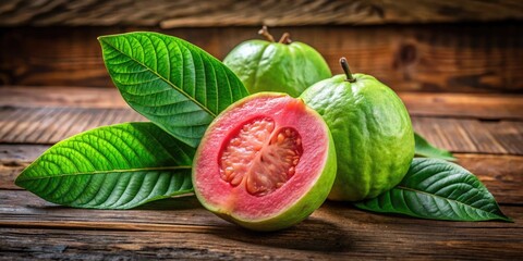 Ripe guava fruit with vibrant green skin and juicy pink pulp, nestled among leaves on a rustic wooden table, evoking tropical flavors and exotic essence.