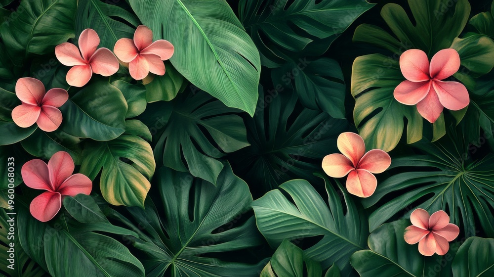 Wall mural tropical foliage and pink flowers