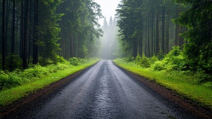 Obraz premium Morning fog on a forest road pine trees barely visible