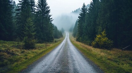 Fototapeta premium Morning fog on a forest road pine trees barely visible