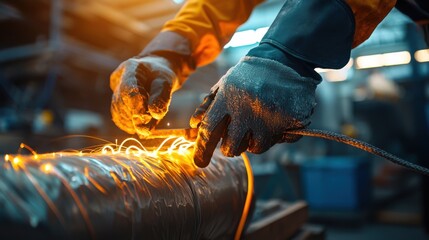 Intimate close-up of a commercial HVAC bag with gloved hands poised for installation. The cinematic lighting creates a dramatic contrast, enhancing the texture of the bag 
