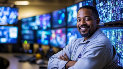 Smiling IT professional in control room