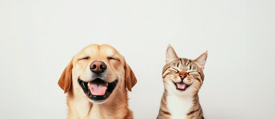 Vet banner with pets and copy space for text. Dog and cat smiling with happy expression and closed eyes. Isolated on white background