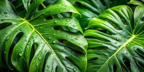Obraz premium Dazzling green monstera leaves glisten with water droplets set against a serene natural backdrop of lush foliage,
