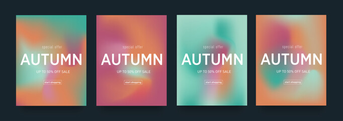 Autumn Gradient Design. Set Fluid Texture with Pink, Orange, Green, Red Colors. Background Retro Art for Advertising, Web, Social Media, Poster, Banner, Cover. Sale offer 50%. Vector Illustration
