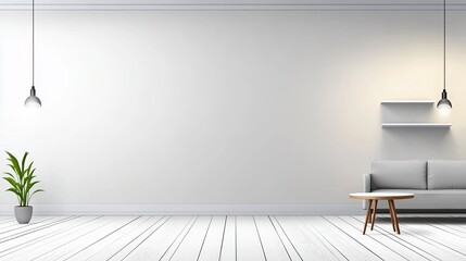 This cozy living room features a grey sofa and a minimalist coffee table, complemented by elegant shelves that display decorative items against a clean white backdrop