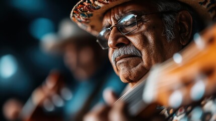 Obraz premium Traditional musicians dressed in vibrant hats and clothing play guitars passionately, creating an atmosphere filled with cultural heritage and music appreciation.