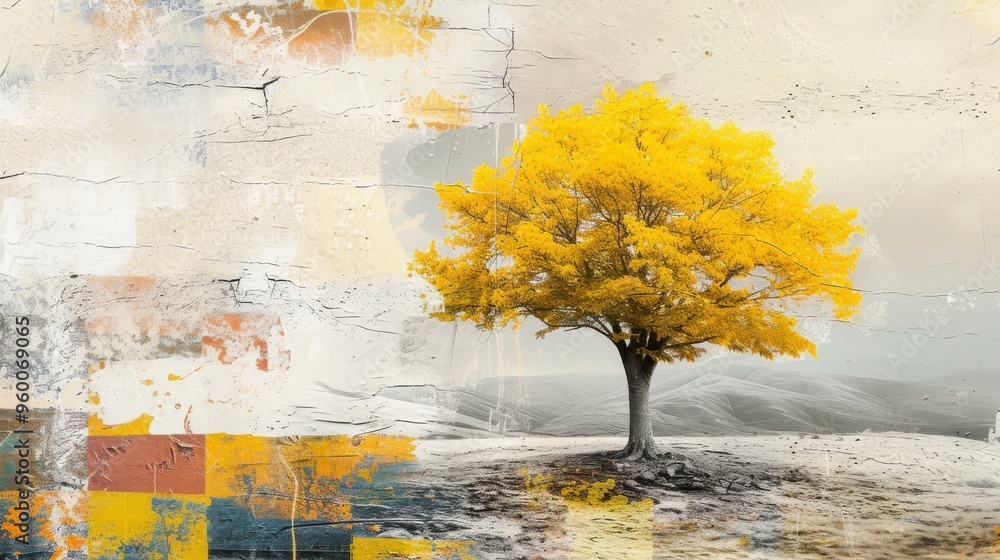 Aufkleber a single yellow tree stands out in an abstract digital landscape, combining natural beauty with arti