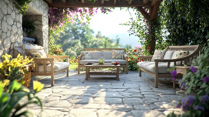 Obraz premium Outdoor Garden With Wooden Seating, Stone Flooring, Floral Arbor, Sofas With Floral Cushions, Lush Greenery, Summer Leisure. 