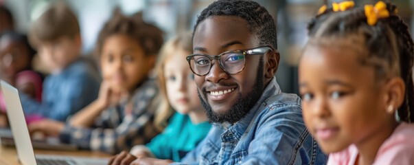 A diverse group of students participating in a virtual classroom setting, using modern technology.